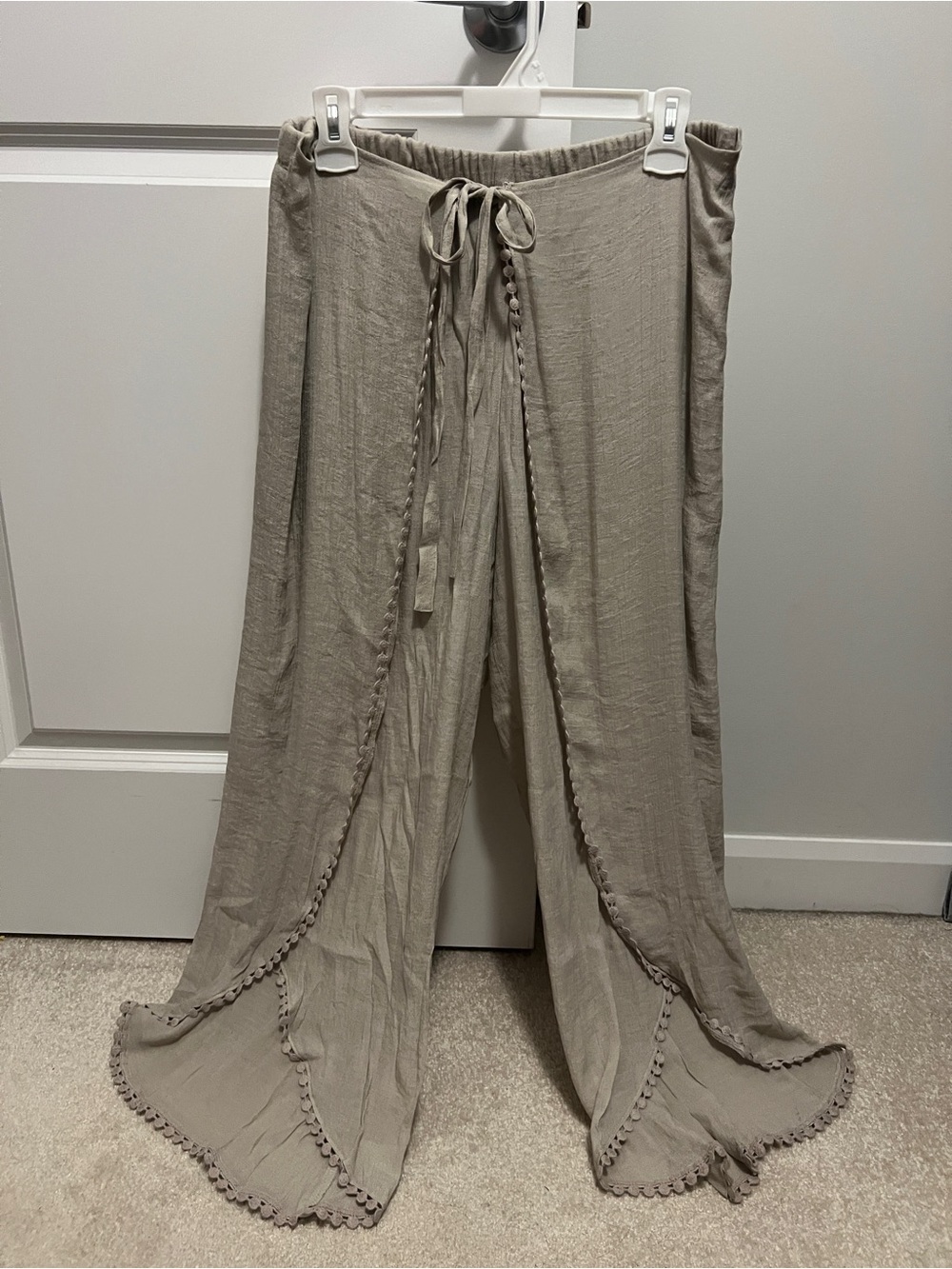 Women’s Wide-Leg boho Pants with Pom Trim - Taupe